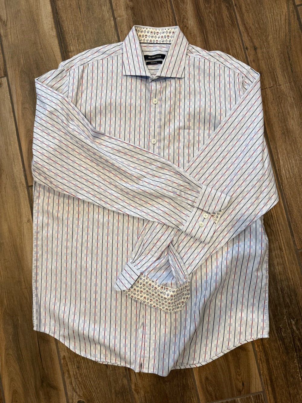 Bugatchi White Dress Shirt with Red & Blue Pinstripes